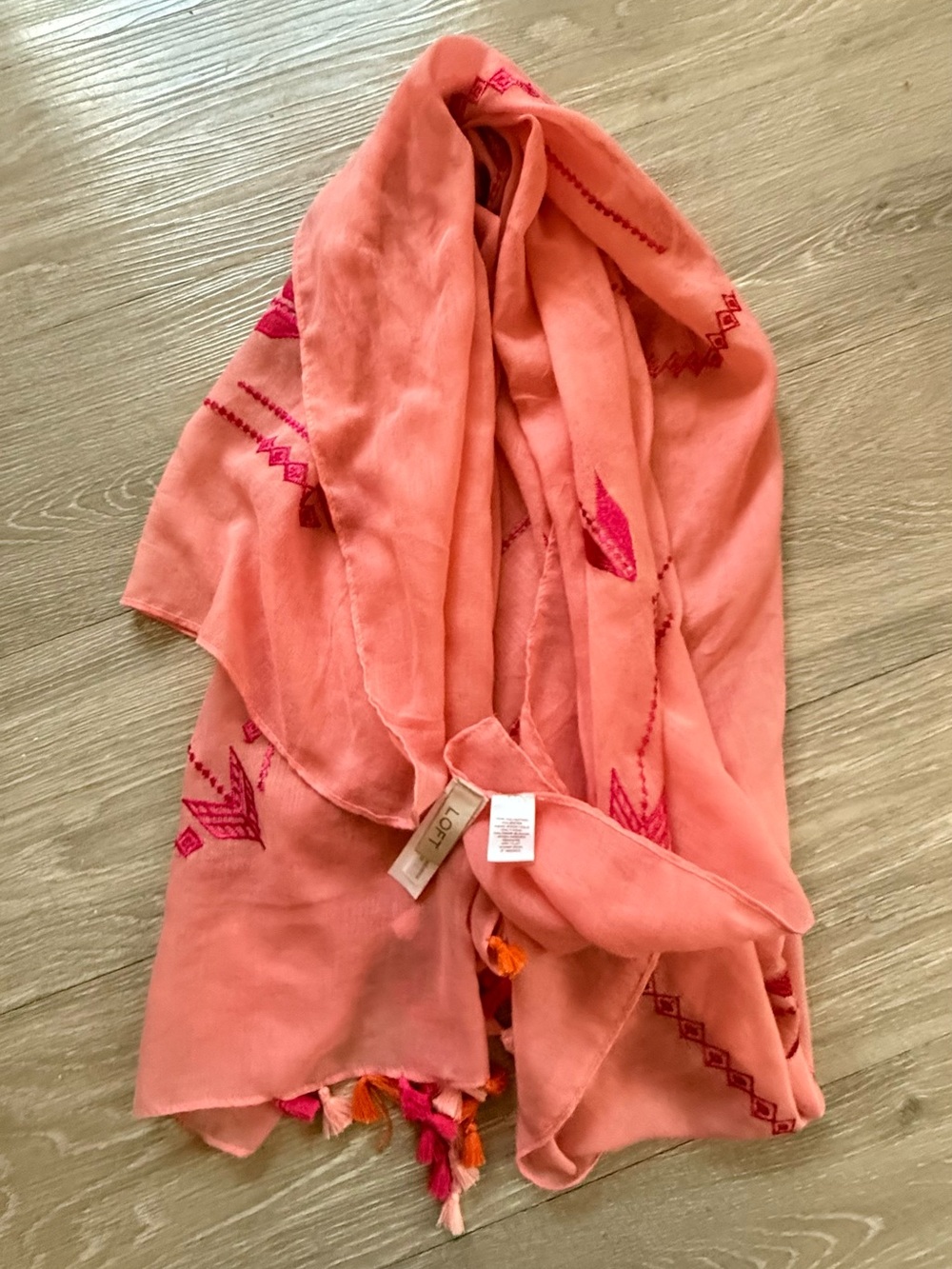 LOFT Coral Scarf with Hot Pink Embroidery